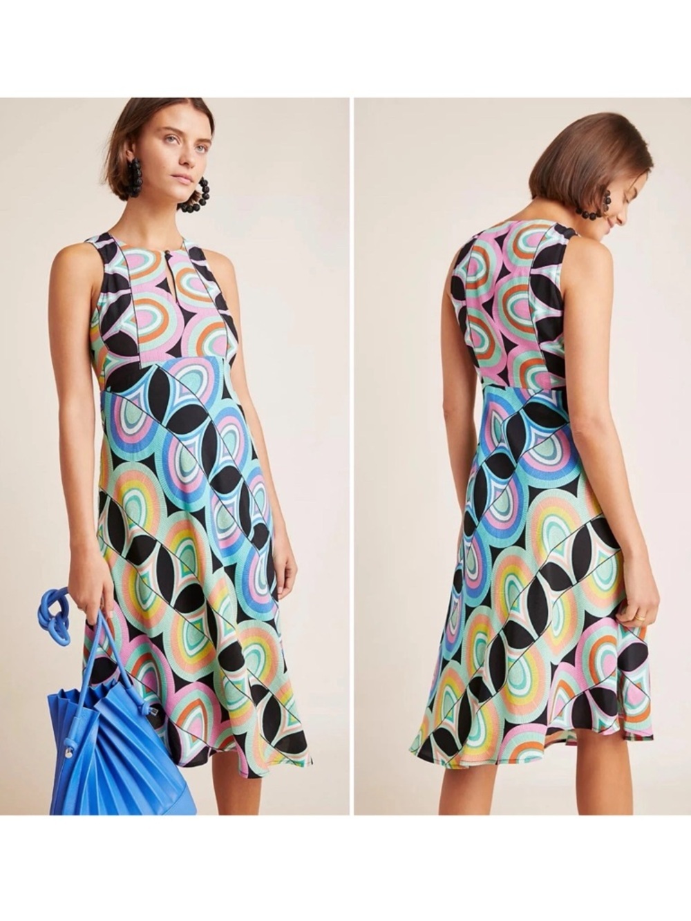 Anthropologie Kenzie Asymmetrical Midi Dress 12 retro geometric print colorful - Picture 2 of 13